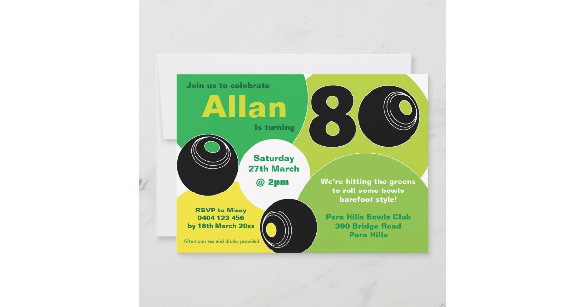 80th Lawn Bowls Barefoot Bowling Birthday Invitation Zazzle Com