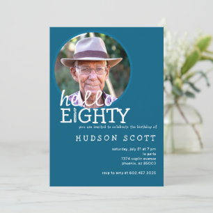 80th Mens Birthday Party Photo Hello Eighty Blue Invitation