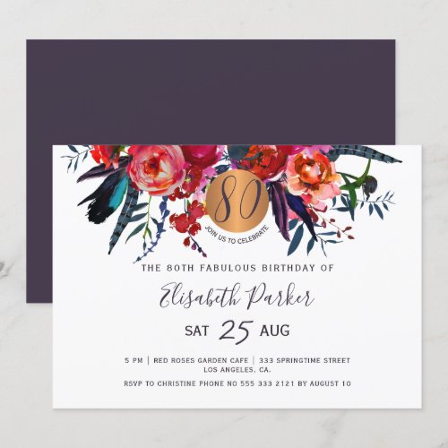 80th Modern boho floral watercolor birthday party Invitation