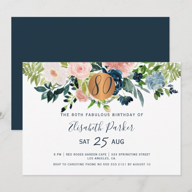 80th Modern navy flowers watercolor birthday party Invitation (Front/Back)
