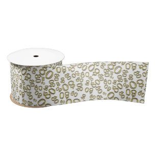 80th Modern Random Number Pattern Gold/White Satin Ribbon