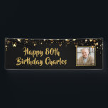 80th or Any Birthday Photo Gold Stars Custom Color Banner<br><div class="desc">Celebrate any age birthday (shown for an 80th birthday) for him or her with this personalized banner sign in a customizable color (shown in black) with gold stars, a photo and your custom text (the sample font shown is a hand lettered brush script that you can change as desired). CHANGES:...</div>