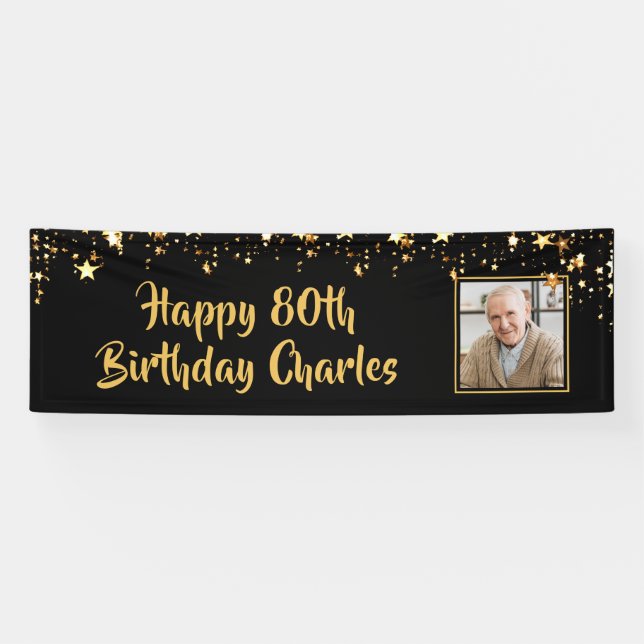 80th or Any Birthday Photo Gold Stars Custom Color Banner (Horizontal)