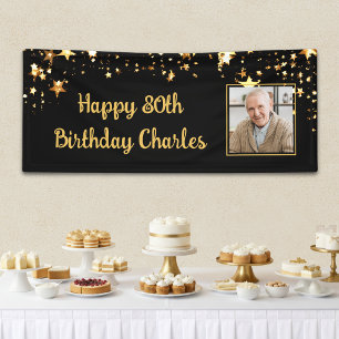 80th or Any Birthday Photo Gold Stars Custom Color Banner