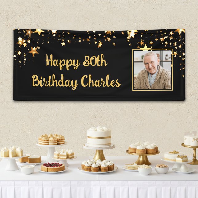 80th or Any Birthday Photo Gold Stars Custom Color Banner (Creator Uploaded)