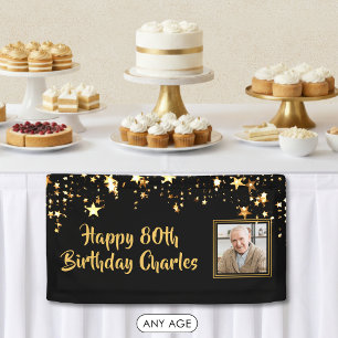 80th or Any Birthday Photo Gold Stars Custom Color Banner
