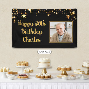 80th or Any Birthday Photo Gold Stars Custom Color Banner