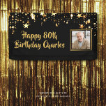 80th or Any Birthday Photo Gold Stars Custom Color Banner<br><div class="desc">Celebrate any age birthday (shown for an 80th birthday) for him or her with this personalized banner sign in a customizable color (shown in black) with gold stars, a photo and your custom text (the sample font shown is a hand lettered brush script that you can change as desired). CHANGES:...</div>
