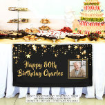 80th or Any Birthday Photo Gold Stars Custom Color Banner<br><div class="desc">Celebrate any age birthday (shown for an 80th birthday) for him or her with this personalized banner sign in a customizable color (shown in black) with gold stars, a photo and your custom text (the sample font shown is a hand lettered brush script that you can change as desired). CHANGES:...</div>