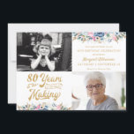 80th or Any Birthday YEARS IN THE MAKING Floral Invitation<br><div class="desc">80th birthday (or any age birthday) 2-photo party invitation featuring an editable retro typography design for the number of YEARS IN THE MAKING for their age which incorporates their birth year within the design, floral bouquets in multi colors of blue, pink and white accented with greenery and gold leaves. Include...</div>