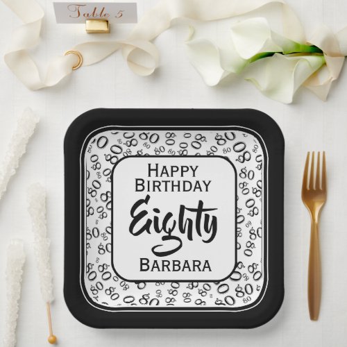 80th Party Random Number Pattern BlackWhite Paper Plates
