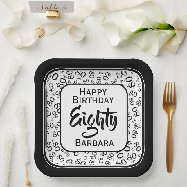80th Party Random Number Pattern Black/White Paper Plates (Wedding)