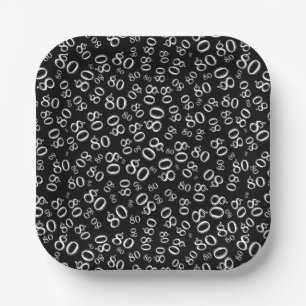 80th Party Random Number Pattern Black/White Paper Plates