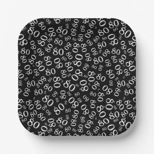 80th Party Random Number Pattern Black/White Paper Plates (Front)