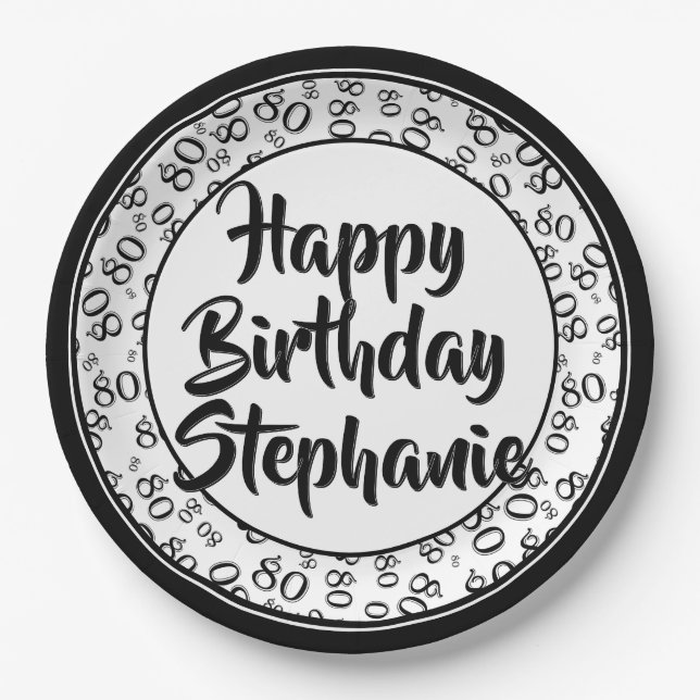 80th Party Random Number Pattern Black/White Paper Plates (Front)