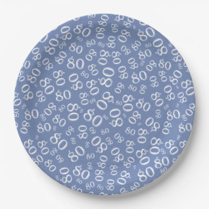 80th Party Random Number Pattern Blue/White Paper Plates
