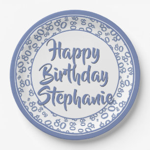 80th Party Random Number Pattern Blue/White Paper Plates