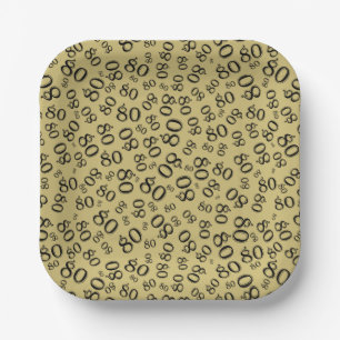 80th Party Random Number Pattern Gold/Black Paper Plates