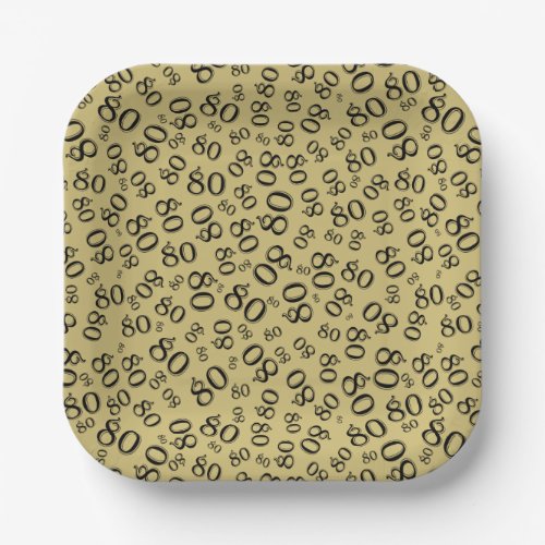 80th Party Random Number Pattern GoldBlack Paper Plates