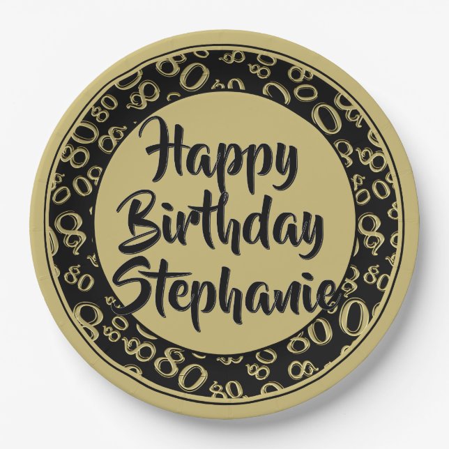 80th Party Random Number Pattern Gold/Black Paper Plates (Front)