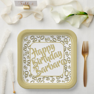 80th Party Random Number Pattern Gold/White Paper Plates