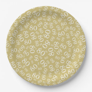 80th Party Random Number Pattern Gold/White Paper Plates