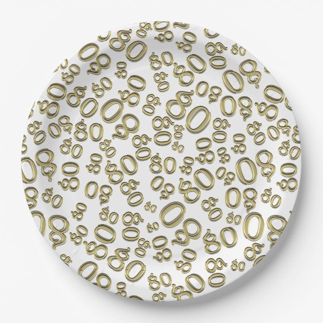 80th Party Random Number Pattern Gold/White Paper Plates (Front)