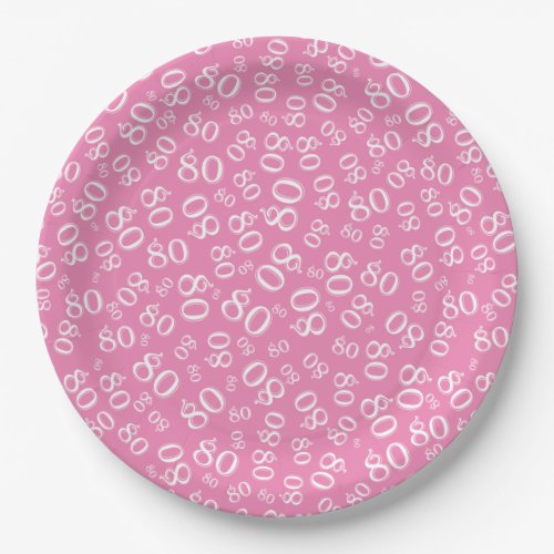 80th Party Random Number Pattern PinkWhite Paper Plates