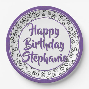 80th Party Random Number Pattern Purple/White Paper Plates
