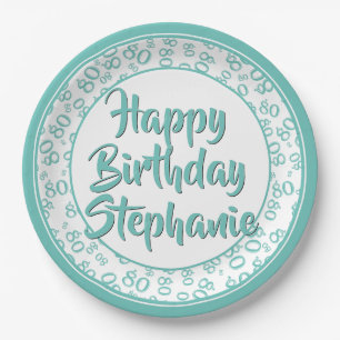 80th Party Random Number Pattern Teal/White Paper Plates