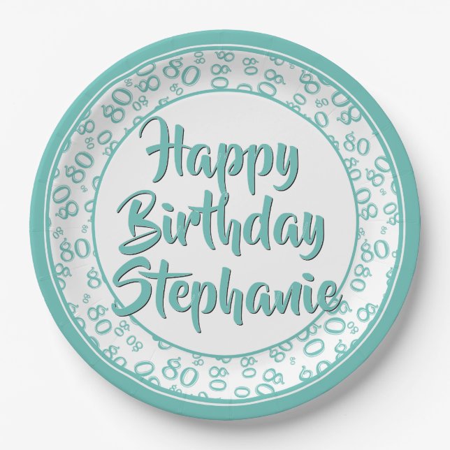 80th Party Random Number Pattern Teal/White Paper Plates (Front)