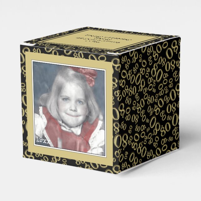 80th Photo Keepsake - Black/Gold  Number Pattern Favor Boxes (Front Side)