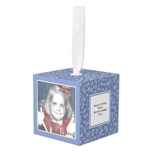 80th Photo Keepsake - Blue/White  Number Pattern Cube Ornament