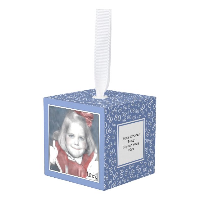 80th Photo Keepsake - Blue/White  Number Pattern Cube Ornament (Front Angled)