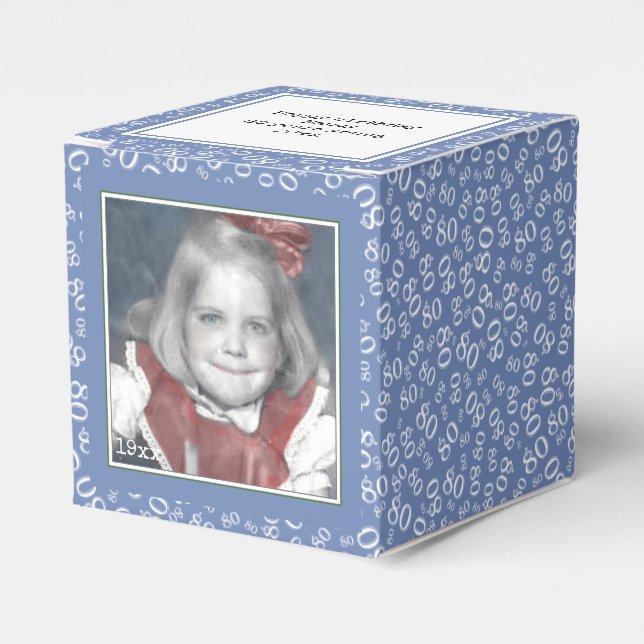80th Photo Keepsake - Blue/White  Number Pattern Favor Boxes (Front Side)