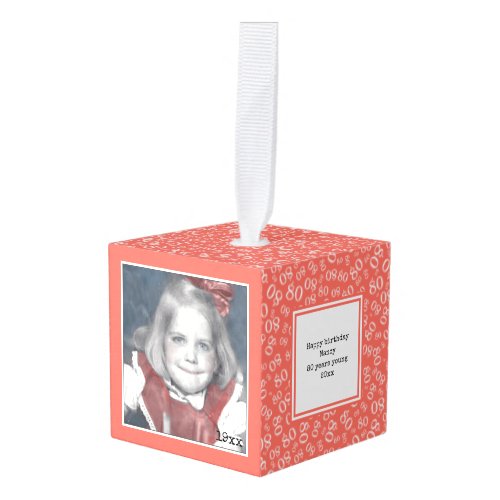 80th Photo Keepsake _ CoralWhite  Number Pattern Cube Ornament