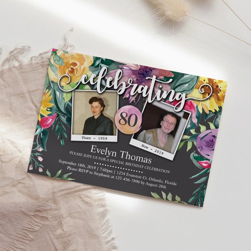 80th Photo Watercolor Floral Female Birthday Party Invitation