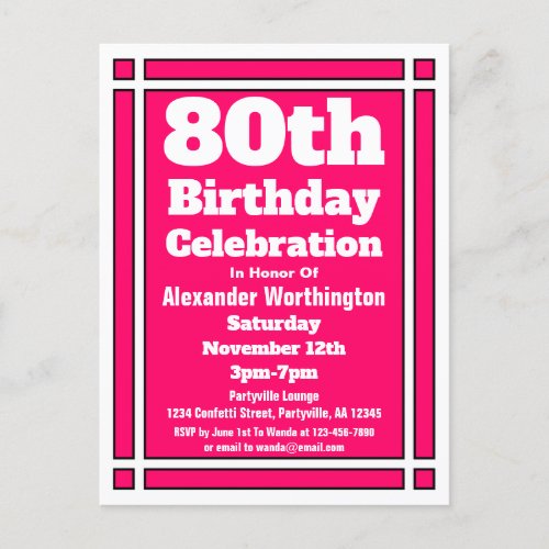 80th Pink Simple Birthday Invite Postcard