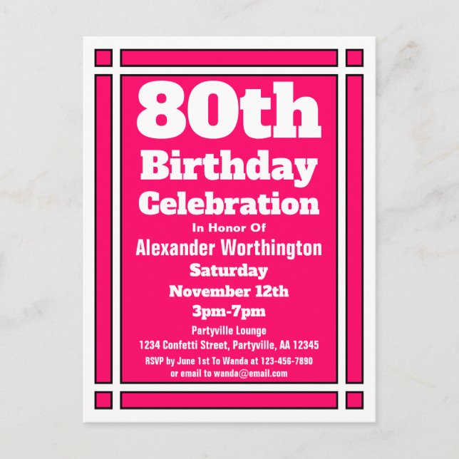 80th Pink Simple Birthday Invite Postcard (Front)