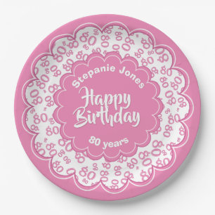 80th Pink/White Random Number Pattern Paper Plates