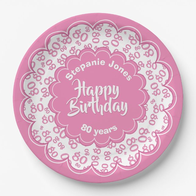 80th Pink/White Random Number Pattern Paper Plates (Front)