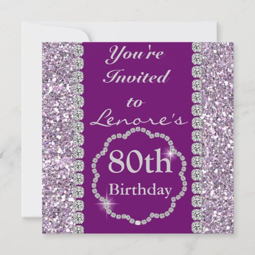 80th PURPLE BLING Birthday Party Invitation