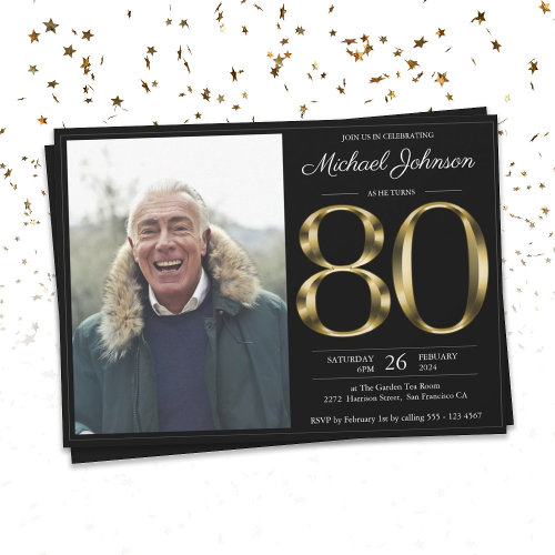80th Solid Gold Text Black Classy Photo Birthday