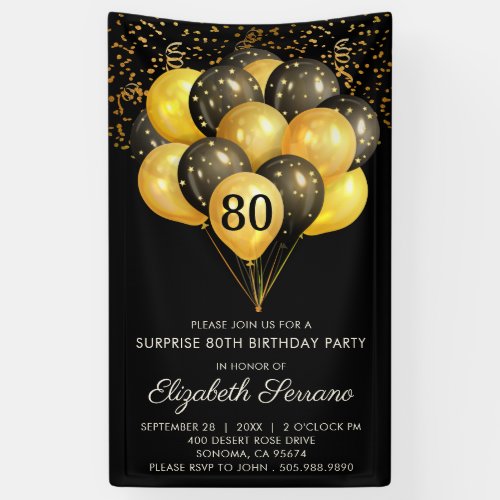 80th Surprise Birthday Black Gold Glitter   Banner