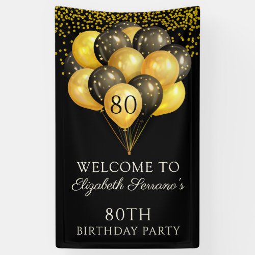 80th Surprise Birthday Black Gold Glitter Banner