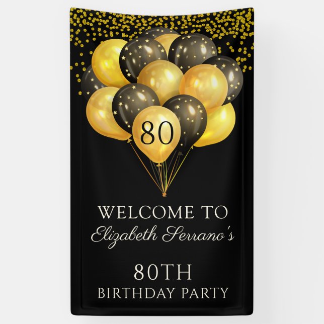 80th Surprise Birthday Black Gold Glitter Banner (Vertical)