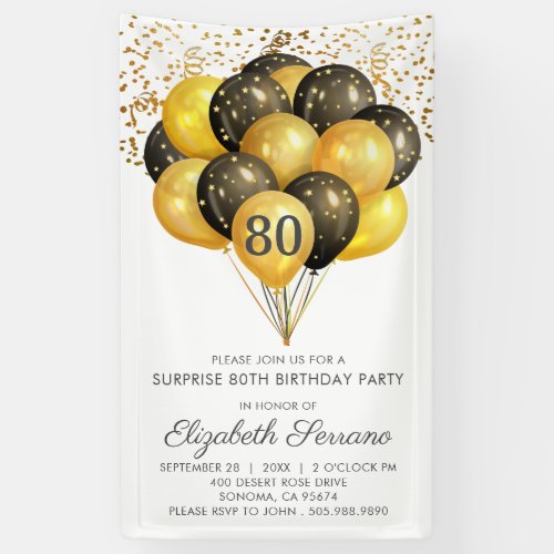 80th Surprise Birthday Black Gold Glitter   Banner