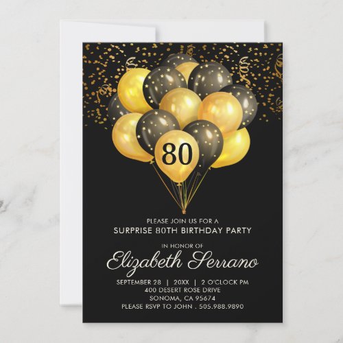 80th Surprise Birthday Black Gold Glitter  Invitation