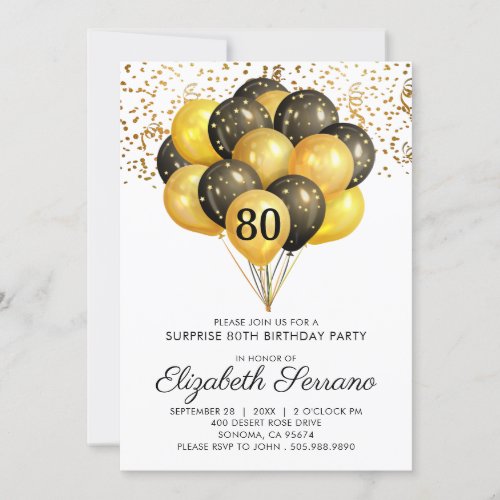 80th Surprise Birthday Black Gold Glitter Invitation