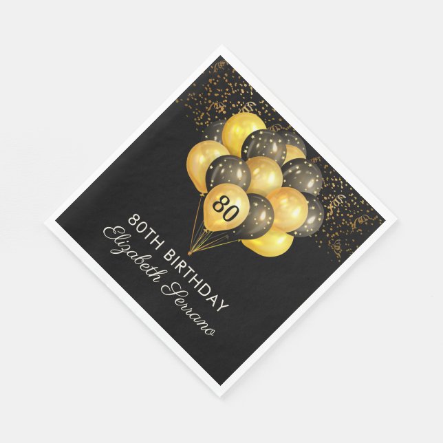 80th Surprise Birthday Black Gold Glitter Napkins (Corner)